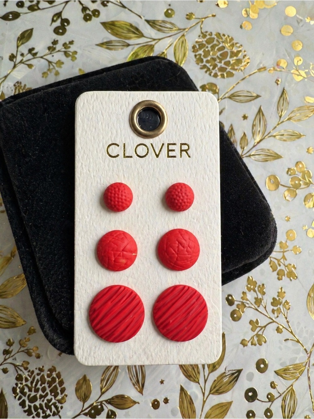 Clover Red Textured Stud Earring Set - 3 Pair Pack